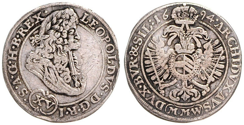 LEOPOLD I (1657 - 1705)&nbsp;
15 Kreuzer, 1694, Vratislav, 5,32g, Hal 1601, Vra...