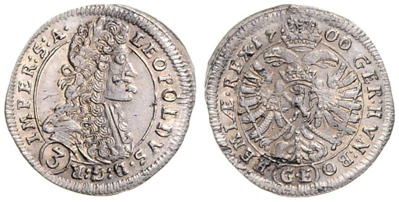 LEOPOLD I (1657 - 1705)&nbsp;
3 Kreuzer, 1700, Praha, 1,7g, Hal 1429, Praha. Ha...