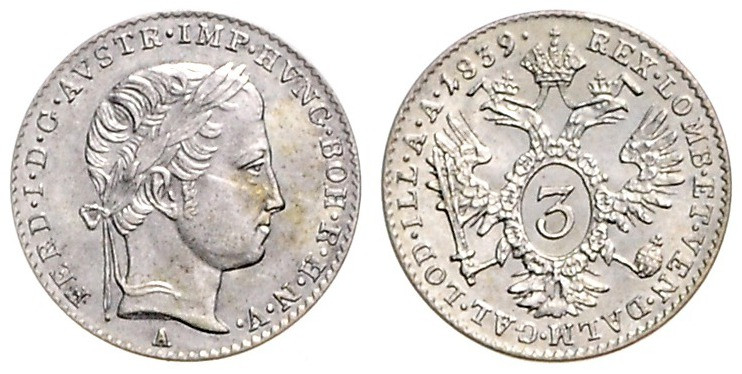 FERDINAND V / I (1835 - 1848)&nbsp;
3 Kreuzer, 1839, A, 1,74g, Früh 897, A. Frü...