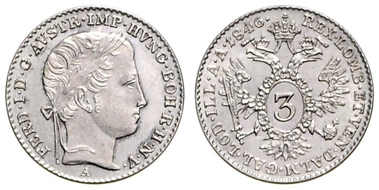 FERDINAND V / I (1835 - 1848)&nbsp;
3 Kreuzer, 1846, A, 1,72g, Früh 912, A. Frü...