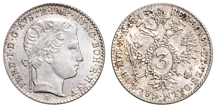 FERDINAND V / I (1835 - 1848)&nbsp;
3 Kreuzer, 1848, A, 1,71g, Früh 917, A. Frü...