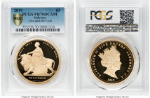 British Dependency. Elizabeth II gold Proof "Una and the Lion" 5 Pounds 2019 PR70 Deep Cameo PCGS, Commonwealth mint, KM-Unl. Mintage: 400. A lovely r...