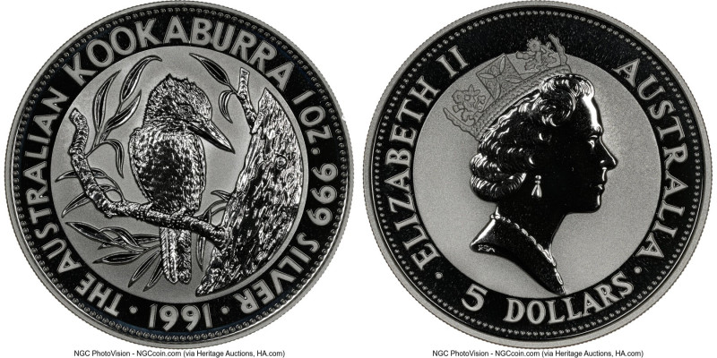 Elizabeth II Pair of Certified silver "Kookaburra" 5 Dollars (1 oz) NGC, 1) 5 Do...