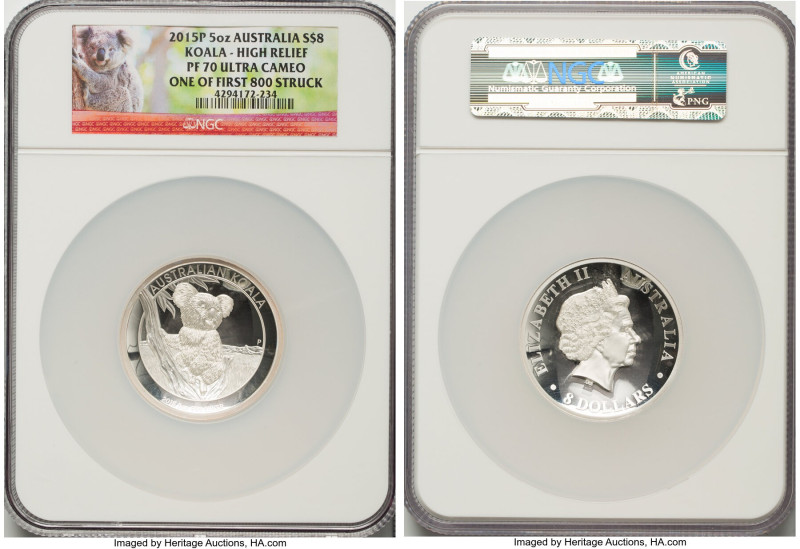 Elizabeth II silver Proof High Relief "Koala" 8 Dollars (5 oz) 2015-P PR70 Ultra...
