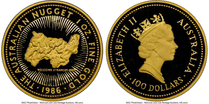 Elizabeth II gold Proof "Nugget - Welcome Stranger" 100 Dollars (1 oz) 1986-P PR...