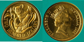 Elizabeth II gold "Koala" 200 Dollars 1986 UNC, Royal Australian mint, KM86. Housed in original mint issued folder. HID09801242017 © 2022 Heritage Auc...