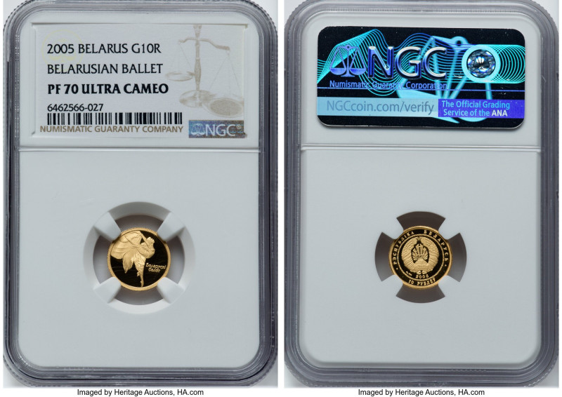 Republic gold Proof "Belarusian Ballet" 10 Roubles 2005 PR70 Ultra Cameo NGC, KM...