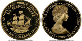 British Colony. Elizabeth II gold Proof "Drake's Circumnavigation - 400th Anniversary" 100 Dollars 1980-FM PR68 Ultra Cameo NGC, Franklin mint, KM29. ...