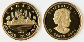 Elizabeth II gold Proof "Voyageur 70th Anniversary" 50 Cents (1/25 oz) 2005 UNC, Royal Canadian mint, KM542. Mintage: 25,000. Commemorating the 70th A...