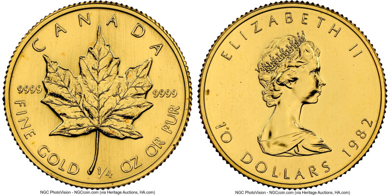Elizabeth II gold "Maple Leaf" 10 Dollars (1/4 oz) 1982 MS69 NGC, Royal Canadian...