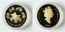 Elizabeth II gold Proof "Horseless Carriage" 100 Dollars (1/4 oz) 1993 UNC, Royal Canadian mint, KM245. Weight 13.338 gm, of which 7.775 gm is fine go...