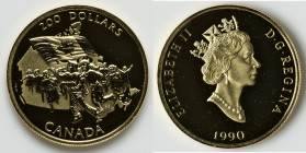 Elizabeth II gold Proof "Canadian Flag - 25th Anniversary" 200 Dollars (1/2 oz) 1990 UNC, Royal Canadian mint, KM178. Mintage: 25,000. Accompanied by ...