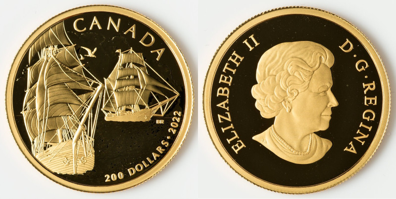 Elizabeth II gold Proof "Tall Ships - Brigantine" 200 Dollars (1/2 oz) 2022 UNC,...