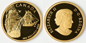 Elizabeth II gold Proof "Tall Ships - Brigantine" 200 Dollars (1/2 oz) 2022 UNC, Royal Canadian mint, KM-Unl. Mintage: 1,200. A beautiful depiction of...