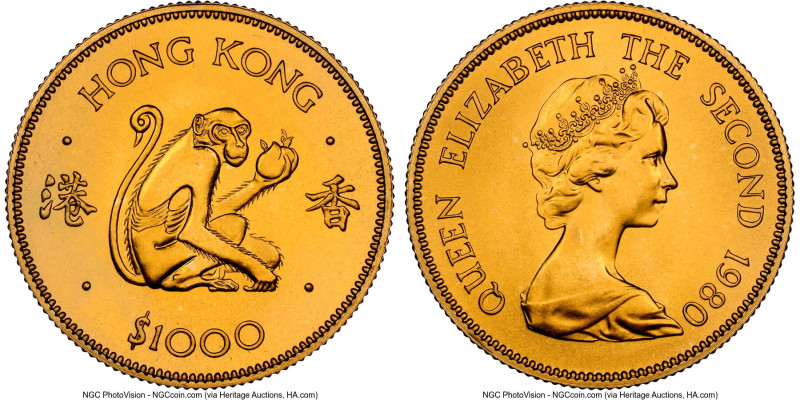 British Colony. Elizabeth II gold "Year of the Monkey" 1000 Dollars 1980 MS68 NG...