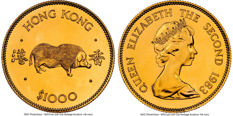 British Colony. Elizabeth II gold "Year of the Pig" 1000 Dollars 1983 MS68 NGC, ...