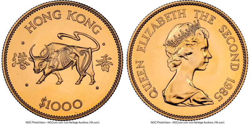 British Colony. Elizabeth II gold "Year of the Ox" 1000 Dollars 1985 MS69 NGC, K...