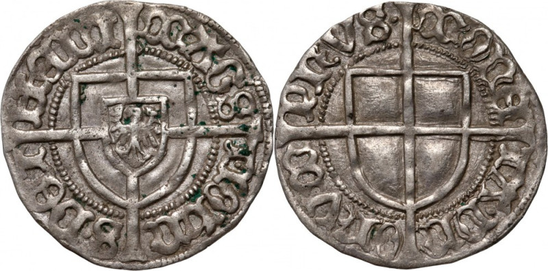 Zakon Krzyżacki, Jan von Tiefen 1489-1497, grosz, Królewiec, rzadki Waga 1,53 g....