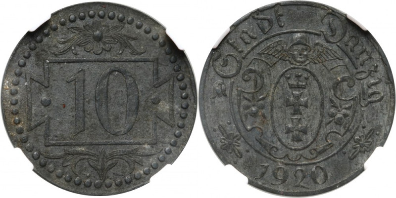 Wolne Miasto Gdańsk, 10 fenigów 1920, Gdańsk, małe cyfry, 54 perełki Cynk. Bardz...