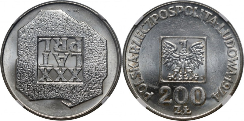 PRL, 200 złotych 1974, XXX Lat PRL, ODWROTKA Wybite stemplami obróconymi o 180 s...