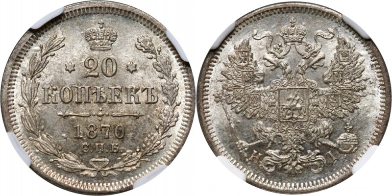 Russia, Alexander II, 20 Kopecks 1870 СПБ НI, St. Petersburg Reference: Bitkin 2...