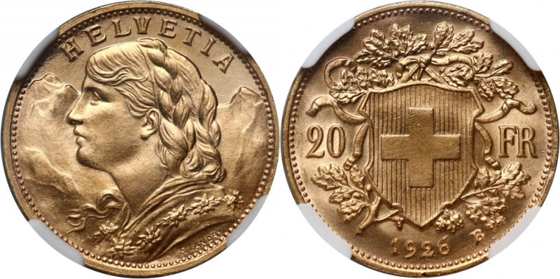 Switzerland, 20 Francs 1926 B, Bern Gold. Attractive, uncirculated coin. Złoto. ...