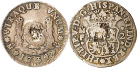MEXICO. 2 Reales, 1734/3-Mo MF. Mexico City Mint. Philip V. PCGS Genuine--Chopmark, VF Details.
KM-84; Cal-807; Yonaka-M2-34B. Variety with cinquefoi...