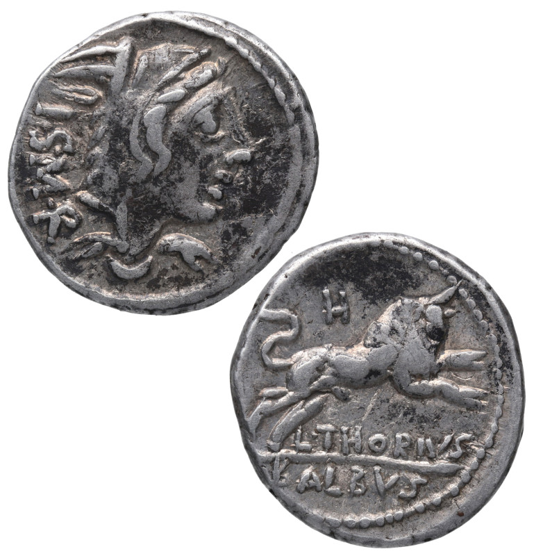 105 a. C. Lucio Torio Balbo. Denario. Ag. 4,11 g. Cabeza de Juno Sospita a derec...