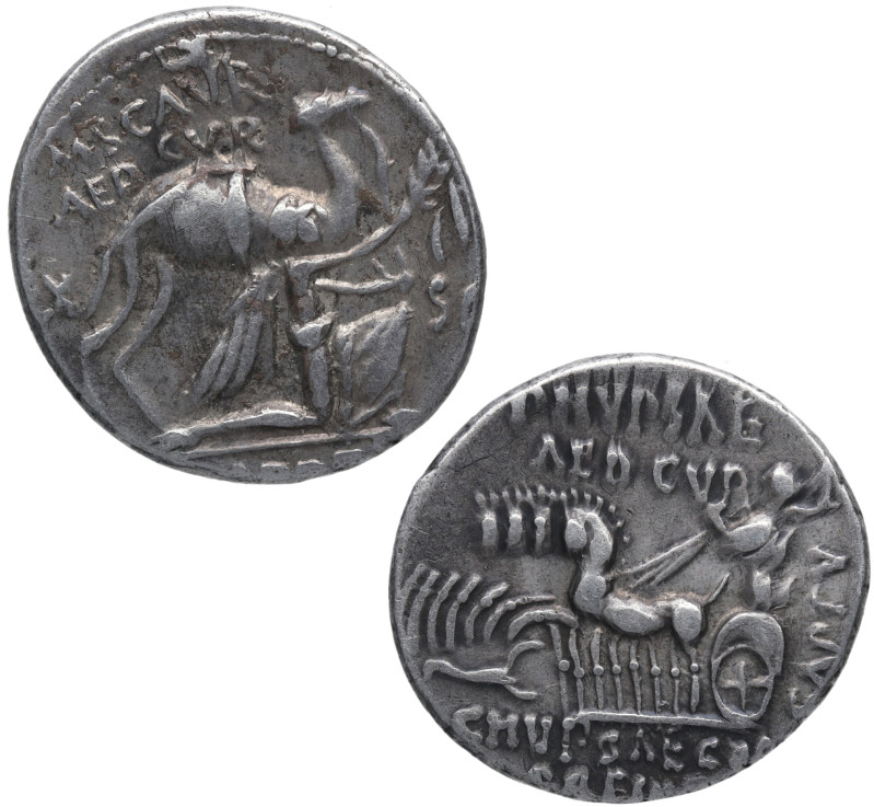 58 a.C. M. Aemilius Scaurus y P. Plautius Hypsaeus. 1 denario. Ag. 3,43 g. M. S)...