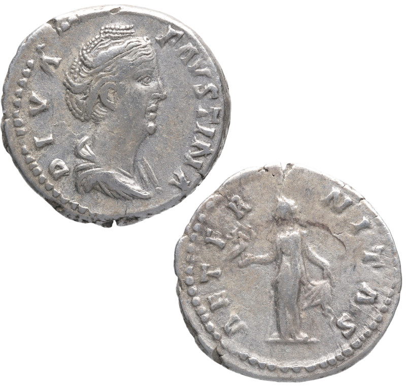 141 d.C. Faustina Madre. Roma. Denario. RIC 347. Ag. 3,30 g. DIVA FAVSTINA; Bust...