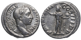230 d.C. Alejandro Severo (222-235 d.C). Roma. Denario. DS 4817 i2. Ag. 3,68 g. PM TR P VIIII COS III PP. Sol con globo a izquierda. MBC+. Est.65.