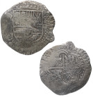 1650. Felipe IV (1621-1665). Potosí. 8 reales "Rodasa". Ag. 22,28 g. MUY RARA. Ensayador Juan Rodríguez de Rodas. Contramarca en reverso F bajo corona...