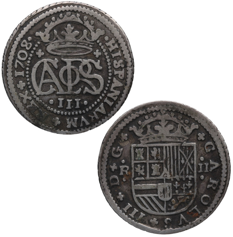 1708. Carlos III, Pretendiente (1701-1714). Barcelona. 2 reales. A&C 29. Ag. 4,1...