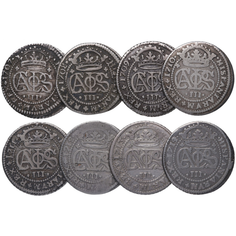 1707-1714 Serie COMPLETA. Carlos III, Pretendiente. Barcelona. 2 reales (Lote de...