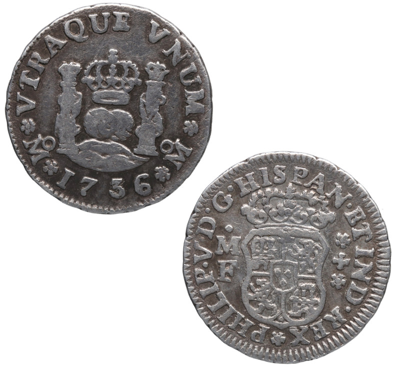 1736. Felipe V (1700-1746). México. 1/2 real. MF. A&C 257. Ag. 1,56 g. Atractiva...