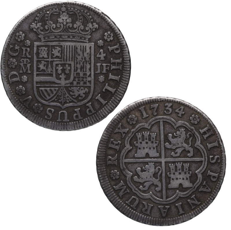 1734. Felipe V (1700-1746). Madrid. 4 reales. JF. A&C 1064. Ag. 12,97 g. MBC+. E...