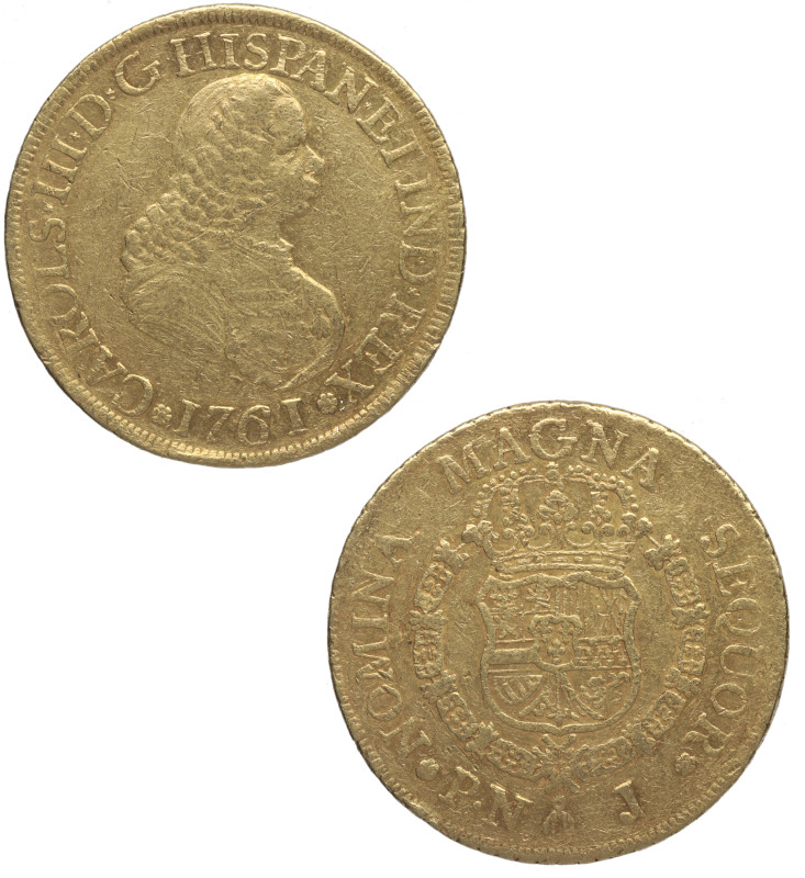 1761. Carlos III (1759-1788). Popayán. 8 escudos. J. A&C 2027. Au. 26,83 g. Marq...