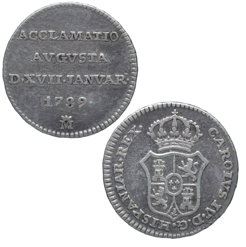 1789. Carlos IV (1788-1808). Madrid. 1/2 real Medalla proclamación. Ag. 1,42 g. ...
