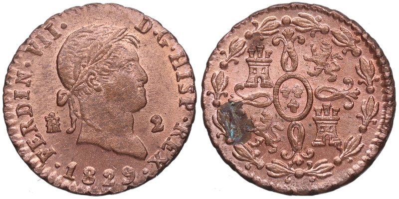 1829. Fernando VII (1808-1833). Segovia. 2 Maravedís. A&C 151. Cu. 2,60 g. Brill...