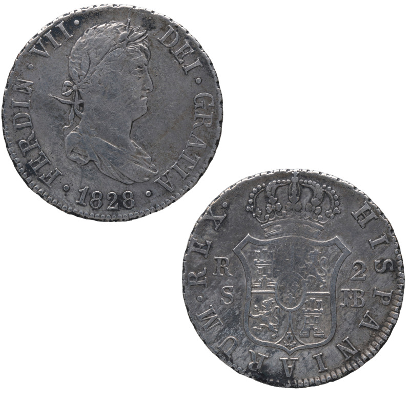 1828. Fernando VII (1808-1833). Sevilla. 2 reales. JB. A&C 961. Ag. 5,93 g. MBC....