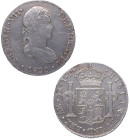 1820. Fernando VII (1808-1833). Lima. 8 reales. JP. A&C 1253. Ag. 26,76 g. Marquitas en anverso. MBC+ / EBC. Est.200.