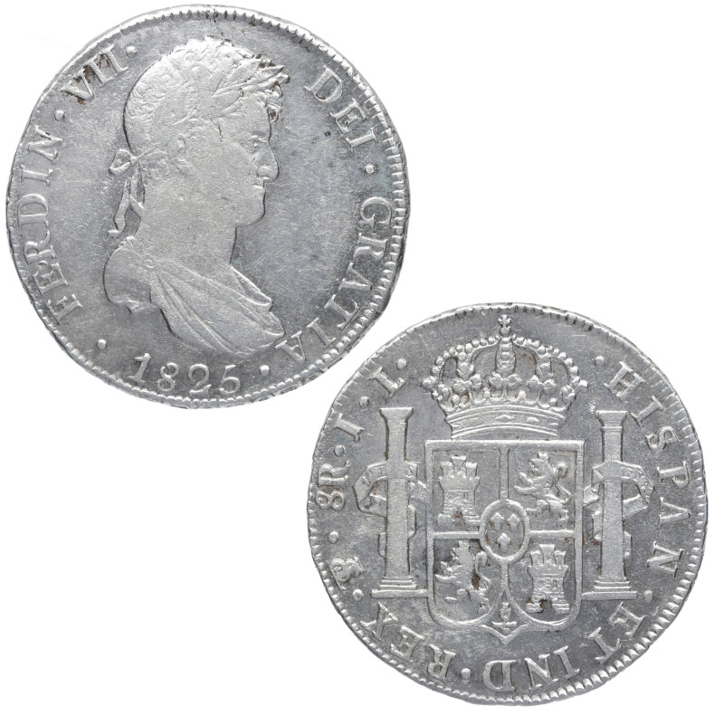1825. Fernando VII (1808-1833). Potosí. 8 reales. JL. A&C 1394. Ag. 26,99 g. MBC...