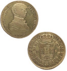 1809. Fernando VII (1808-1833). Lima. 8 escudos. JP. A&C 1754. Au. Busto cara mico. Hojitas en anverso. Espléndido reverso. MBC+ / EBC+. Est.3000.