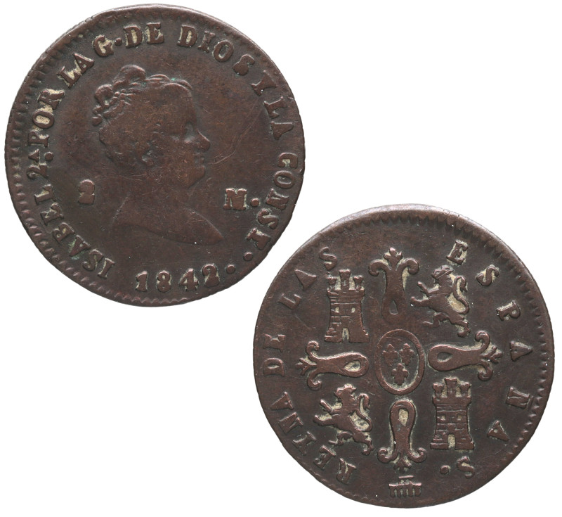 1842. Isabel II (1833-1868). Segovia. 2 maravedís. A&C 54. Cu. 2,12 g. MBC-. Est...