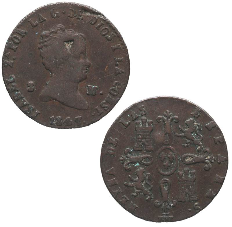 1847. Isabel II (1833-1868). Segovia. 2 maravedís. A&C 59. Cu. 2,23 g. BC+. Est....