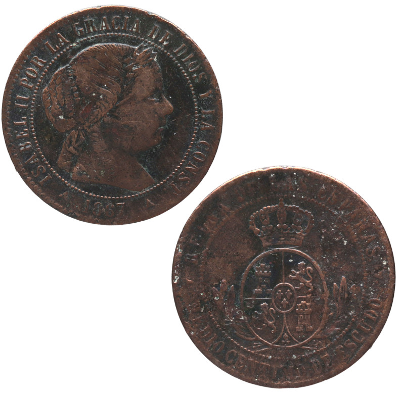 1867. Isabel II (1833-1868). Segovia. 1/2 céntimo de escudo. OM. A&C 209. Cu. 1,...