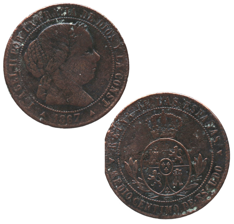 1867. Isabel II (1833-1868). Segovia. 1/2 céntimo de escudo. OM. A&C 209. Cu. 1,...