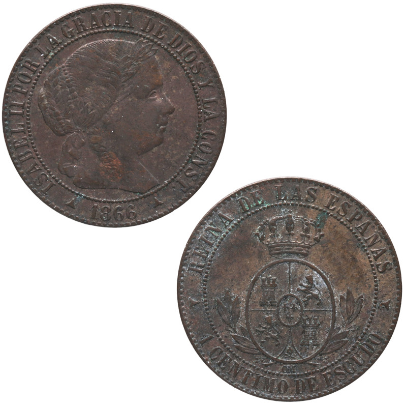 1866. Isabel II (1833-1868). Segovia. 1 céntimo de escudo. OM. A&C 224. Cu. 2,42...