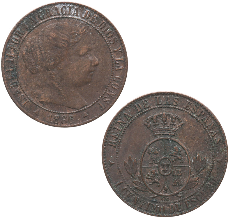 1866. Isabel II (1833-1868). Segovia. 1 céntimo de escudo. OM. A&C 224. Cu. 2,45...