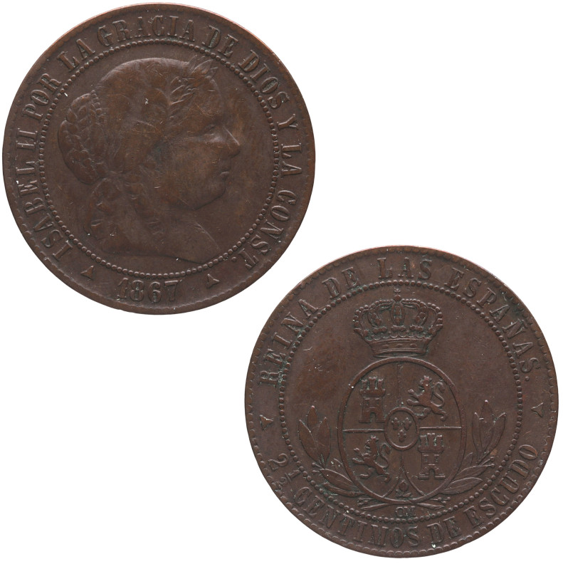 1867. Isabel II (1833-1868). Segovia. 2,5 céntimos de escudo. OM. A&C 240. Cu. 6...